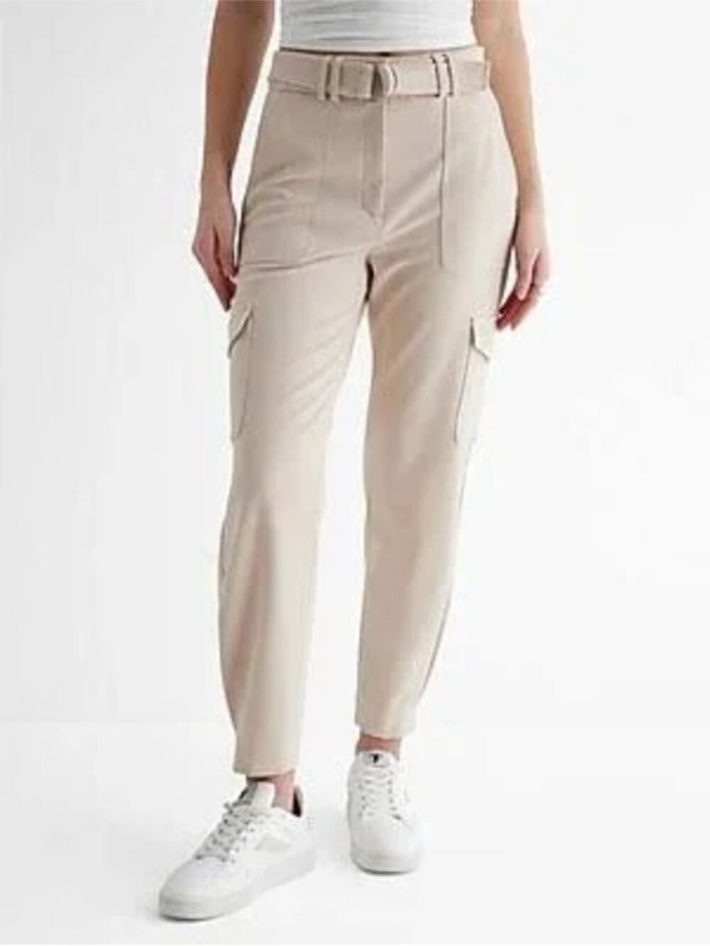 NEW EXPRESS Cream High-Rise Cargo Belted Pants Size 8L Business Casual Office